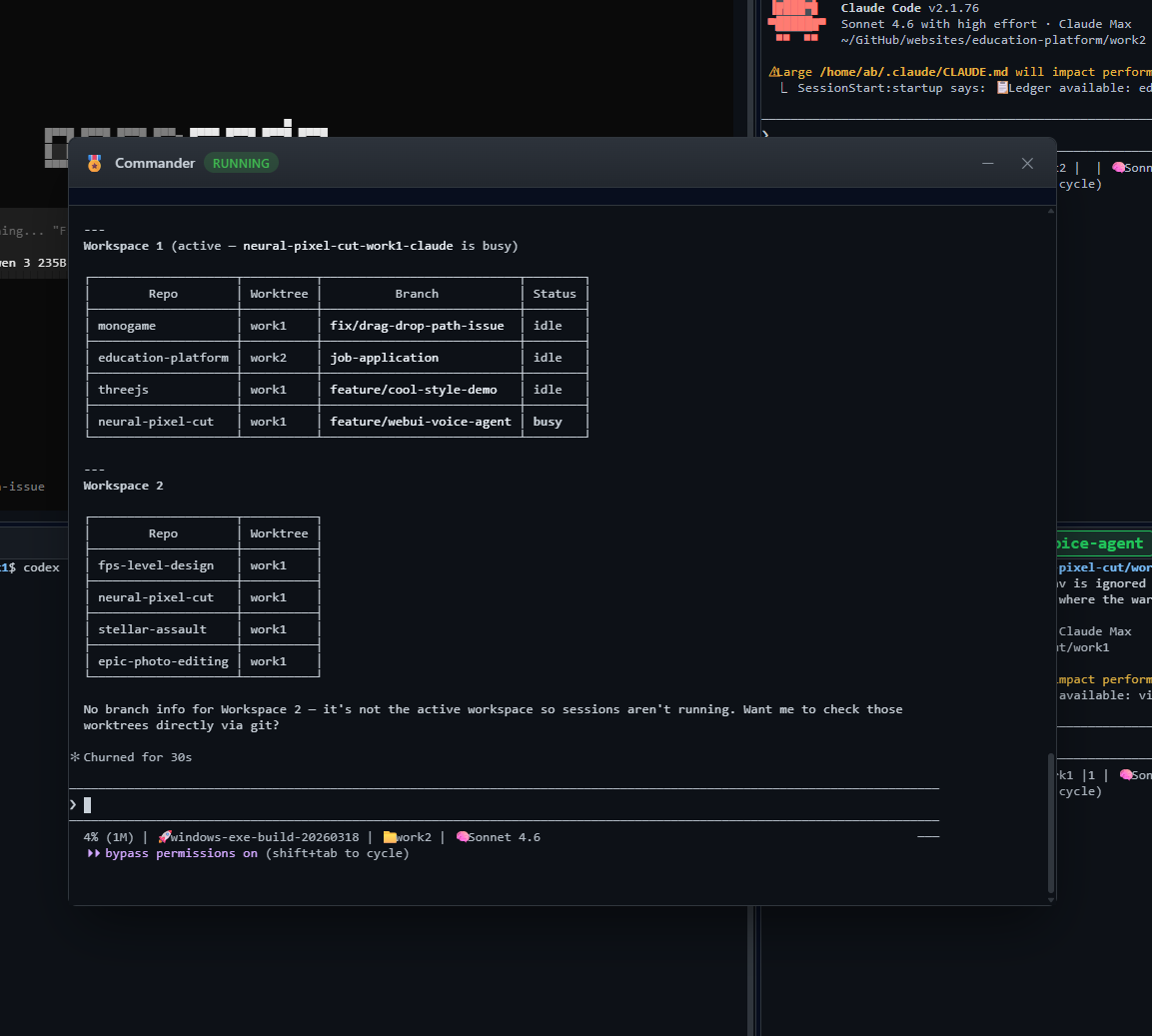 Commander modal coordinating multiple workspaces and worktrees