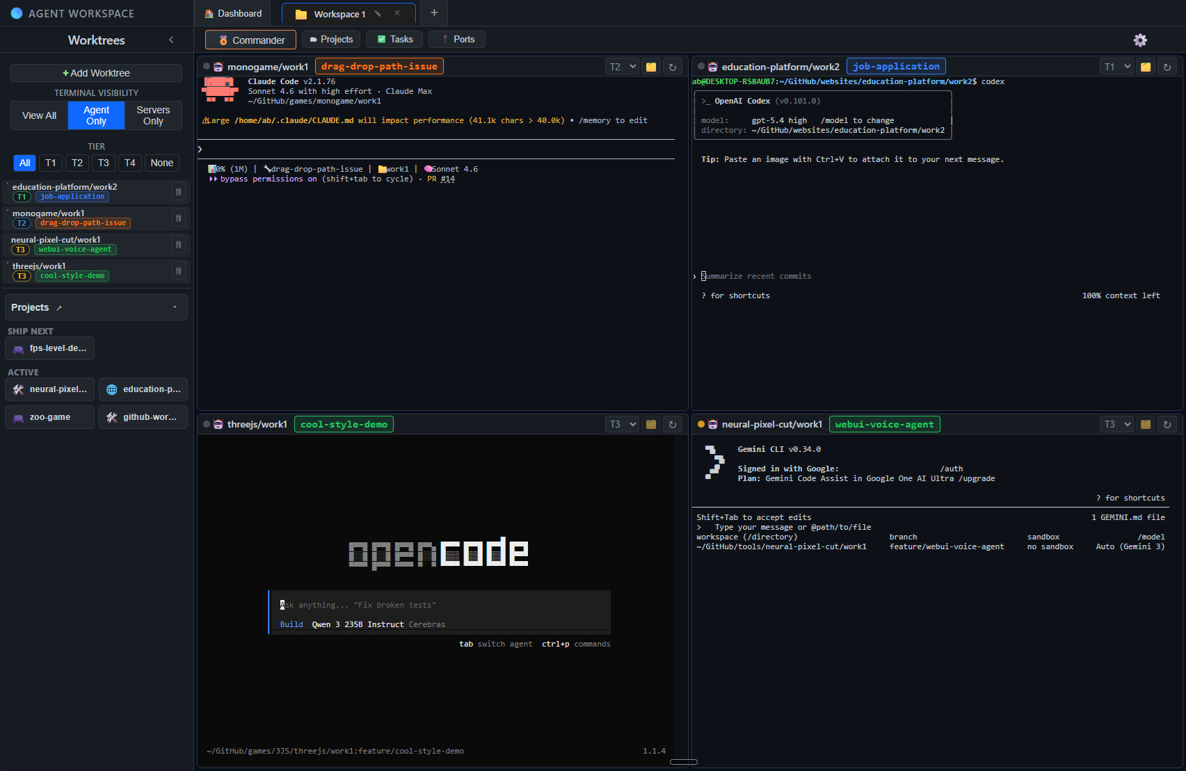 Agent Workspace running on Windows with multi-agent terminal grid