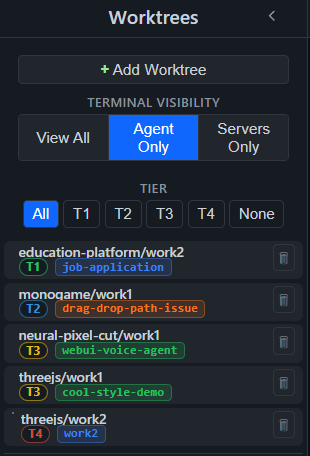 Worktree sidebar with tier filters and T1 to T4 assignment badges
