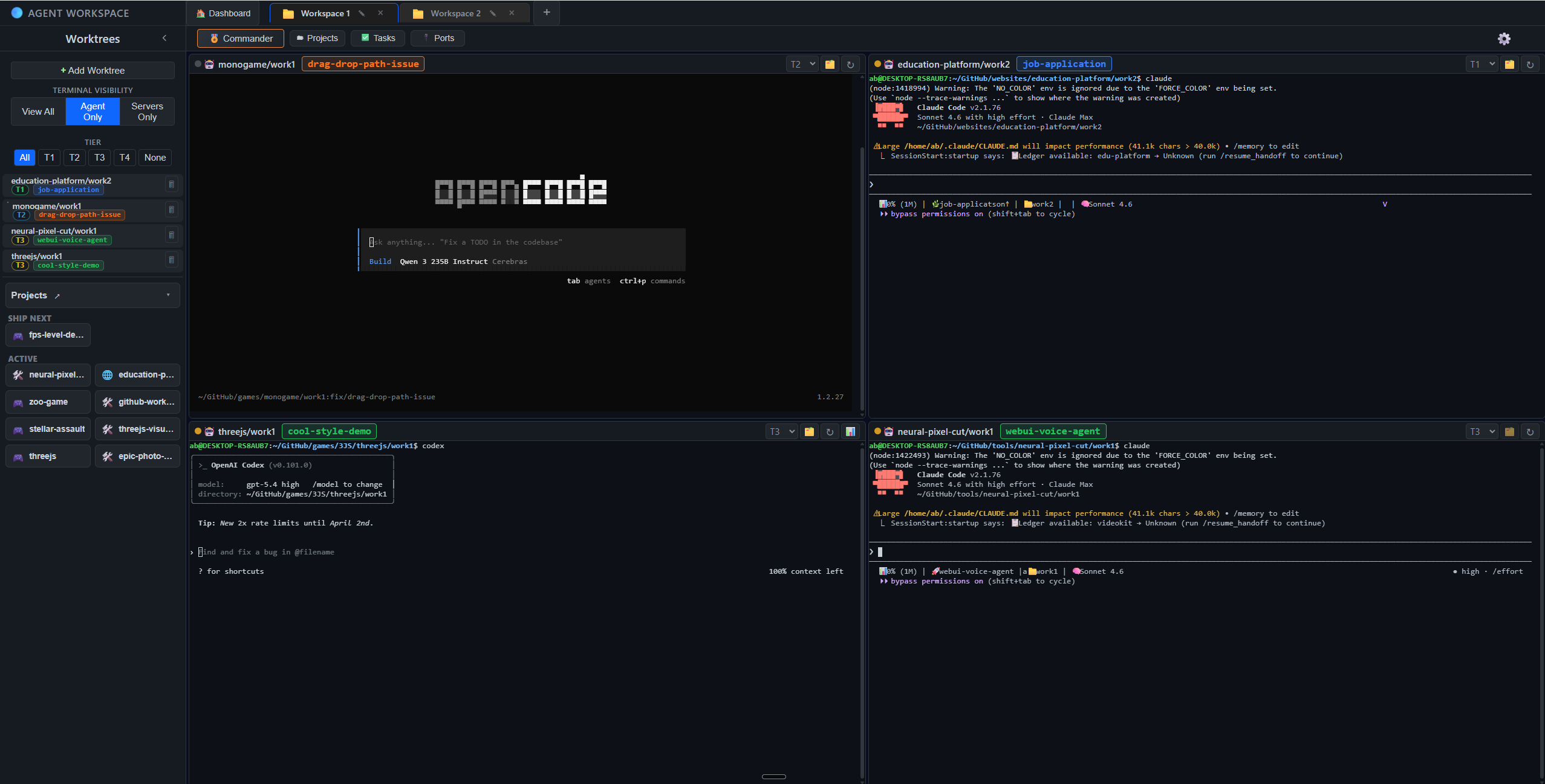 Workspace view with worktree sidebar and a 2x2 terminal agent grid